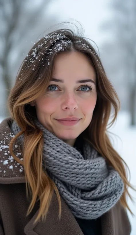 A 36-year-old woman with a natural look, wearing a scarf and coat, in a snowy winter scene.