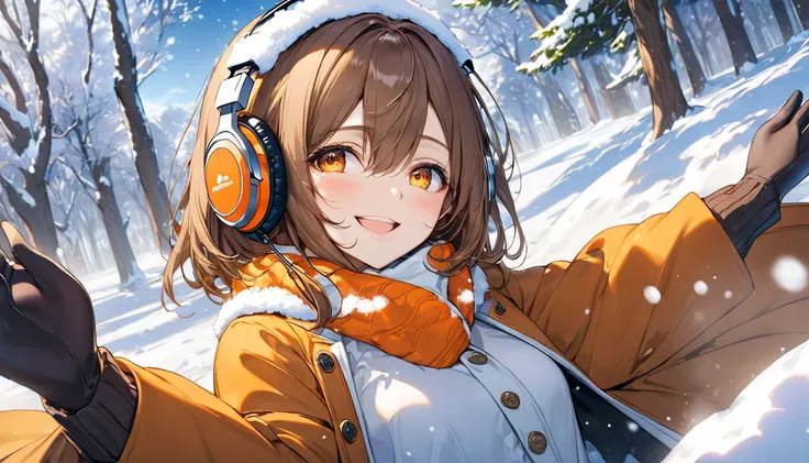 background：Snow-covered landscape、Tall Tree々Scattered、 The snow is pouring softly 。  
 expressions： Looking up at the snow while smiling 。  
Costume： long coat without buttons、 muffler 、gloves。  
 pose： Enjoying the snow while spreading your hands lightly。...