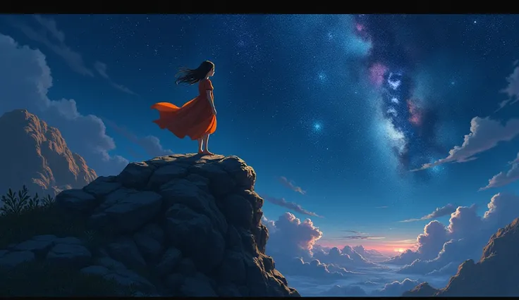 girl  on top of a large stone, olhando para o horizonte, roupas laranjas, night sky and starry, bright stars in the sky,