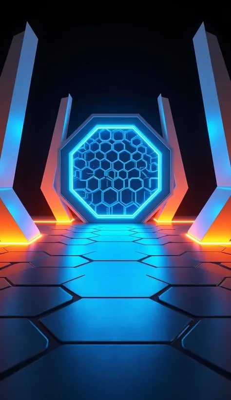 LEDs Cyber Punk Blue Hexagon Center Tunnel, orange, three white pillars neo black background