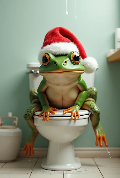 Frog wearing Santa hat on the toilet 