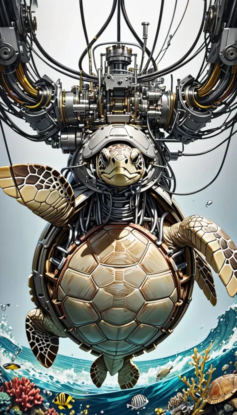 mechanical的な生物,Sea Turtle, precision machine, mechanical, mechanical部品, , Wire Cable, ( super detailed ,  exquisite resolution,  top quality :1.3), 2.5D, Elegant and dynamic ,  artistic photo ,  surreal,  graphic CG digital art