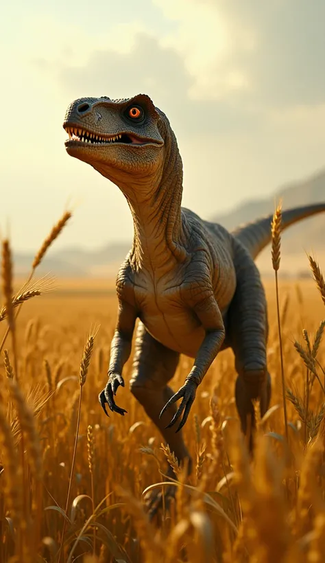 create 32k UHD, Masterpiece, High Quality, Detailed Realistic Background, Official Art, Realistic Lighting, A scene where a velociraptor and wheat crop stand as distinct entities within the same frame, both with their original shapes, colors, and features ...