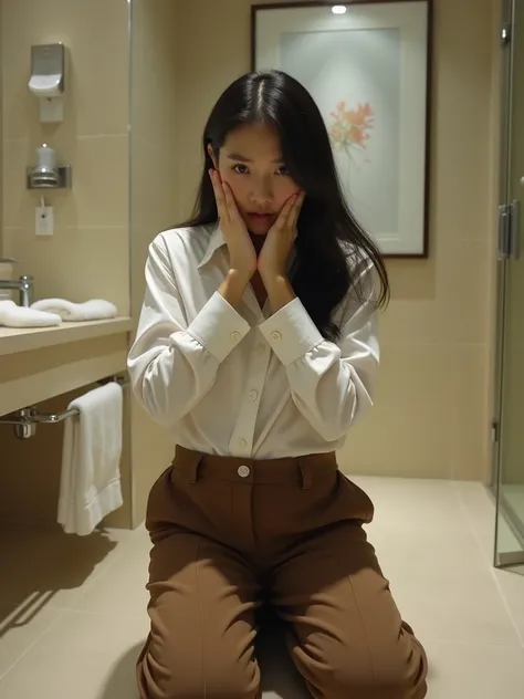 4k, masterpiece, realistic, high resolution, cinematic, young and busty, big boobs Korean in ill-fitting male office shirt with long baggy brown trousers. Kneeling on the floor of large bathroom. Elongated legs, big breasts, beautiful, looking into the cam...