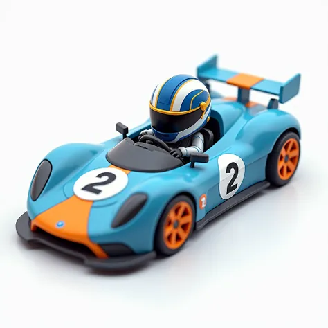 Digital illustration, {High-energy racing car toy model with dynamic design}, White background, Light blue and vivid orange color palette, Sleek aerodynamic chassis, Number 2 printed on hood, Black and orange performance wheels, Driver wearing blue, white ...