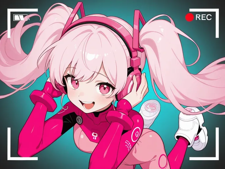 masterpiece, best quality, ultra detailed, 1girl, twin tails hairstyle, long hair, silver-pink hair, pink eyes, affectionate, glossy red-pink bodysuit with a futuristic design, (pink headphones), both hands on headphones, laughing out loud, white shoes, ju...