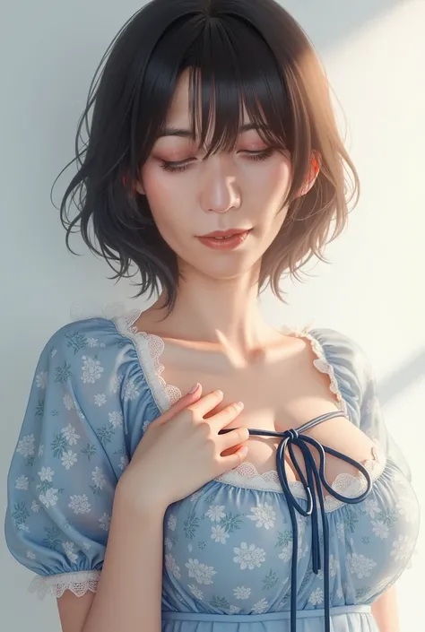 Dressed, (photo realistic : 1.4), (hyper realistic : 1.4), ( realistic : 1.3), (Smooth lighting: 1.05), (cinematic lighting quality improvement: 0.9), 32K,  1 girl,  Japanese woman holding breasts,  realistic  lighting, backlit,  face light ,  ray tracking...