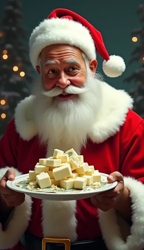 "Santa Claus holding a plate of paneer (cheese) mixed with currency notes, looking puzzled and amused."