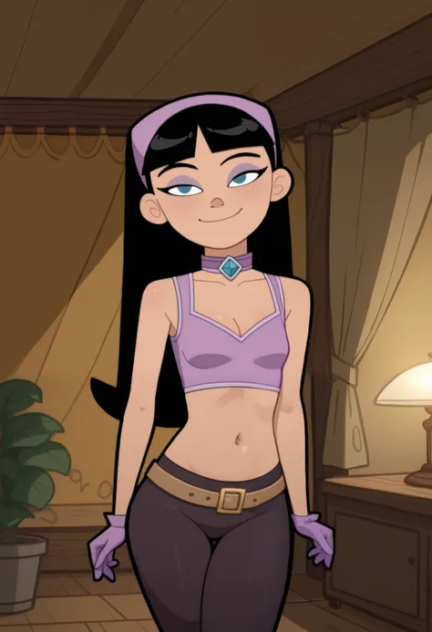 score_9, score_8_up, score_7_up, rating_explicit, 1girl, trixie tang, black hair, 1girl, long hair, hairband, bangs, eyeshadow, makeup, purple qipao, white trim, small breasts, huge hips, cute, cleavage, pantyhose, bedroom eyes, looking at viewer, close-up...