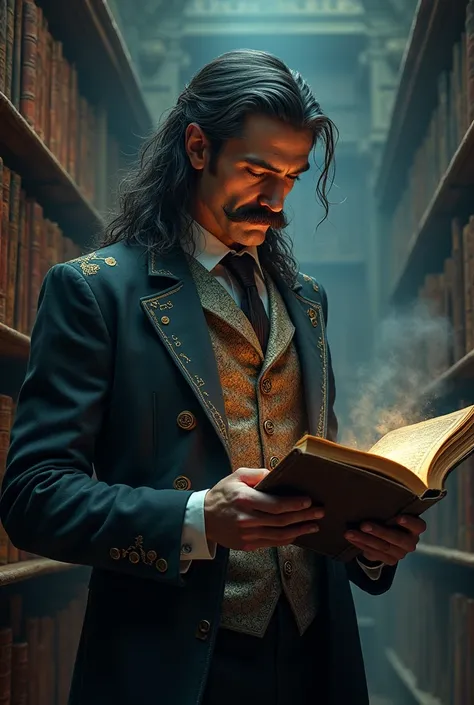 A tall, wiry man in his mid 40s with long, dark hair streaked with silver stands and a perfevtly kept mustache, in the dim glow of an ancient library. His tattered Victorian suit and glowing, rune-etched vest pulse faintly as his piercing blue eyes scan a ...