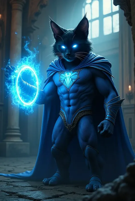 There is a black, crazed monster cat wearing a blue superhero suit. A magical ring spreads around its body. Inside the dark mansion