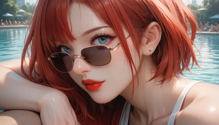 A woman with long red hair, blue eyes, and red lipstick poses in the water with a man with short red hair and blue eyes, a shaved beard, and sunglasses in the background of a water park. During the day, his face was so perfect. The details are clear. Up to...