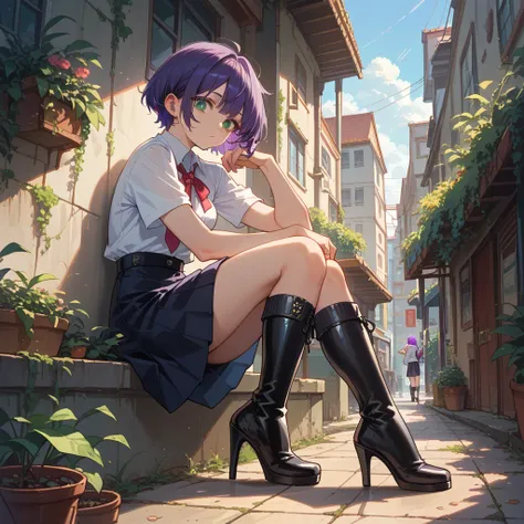 1 woman, socks,  high-heeled boots , skirt,  short hair, purple hair, black outlined eyes ,  green eyes