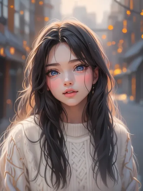 Hyper-realistic,photorealistic,a beautiful young girl, 15歳、detailed face, long black hair, オフショルダーwhite sweater, スマートフォンを持つ、 amazing high definition painting