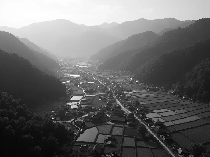 Japanese countryside in aerial view black and white camera