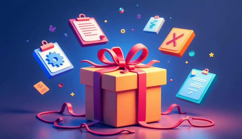 An illustration in vibrant, colorful tones, showing a digital gift package being untied in the center of the image. The package is large and eye-catching, with a rope or ribbon coming loose, suggesting the opening of the gifts inside.

As you leave the pac...