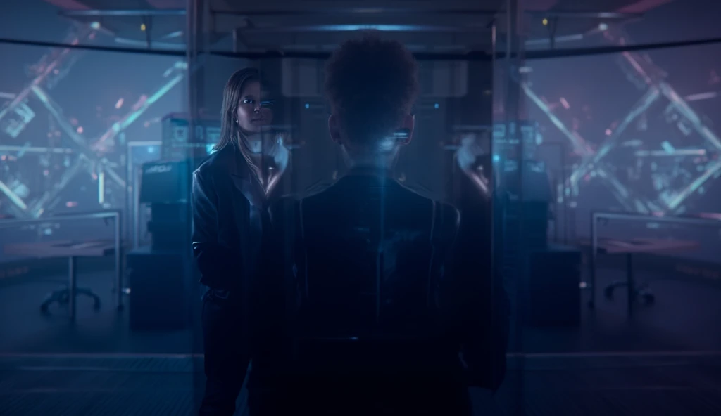 A 25 year old, gorgeous woman, with beautiful skin, in her futuristic fitted low cut business suit, is opening the black old style briefcase, in the futuristic office, lit by neon lights. (Scene must be cinematic, 4k, photorealistic, human vision)