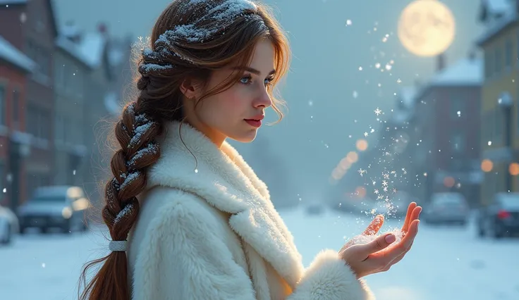 Mystical fantasy,  Voluminous watercolor with ,  Russian young woman beautiful brown-haired woman with a gorgeous thick long braid with snowflakes woven into it holds snowflakes in her palm against the city background,  and next to a white ermine ,  Russia...