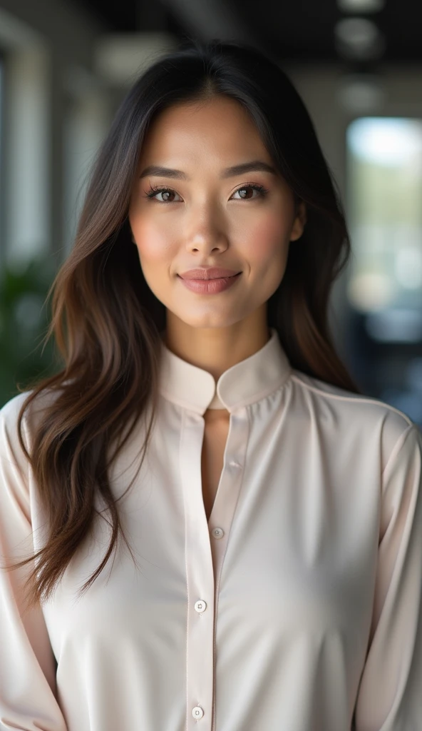 A 35-year-old woman with a professional appearance, wearing a high-neck blouse, in a modern workspace.