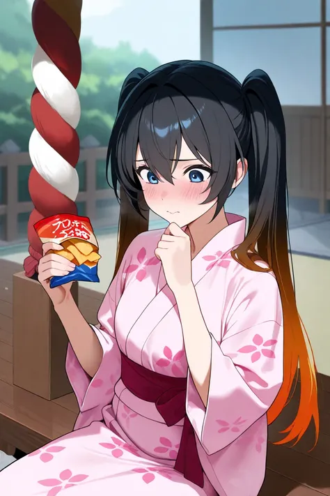  maximum resolution,  very detailed ,  Best Quality ,precise,  masterpieces , Solo,1 woman, black hair,I have twintails.,Orange gradient hair , blue eyes, black-eyed widow , Shy Face, pink yukata dress , Japanese shrine ,Holding a snack,Dark Morning , Yuka...