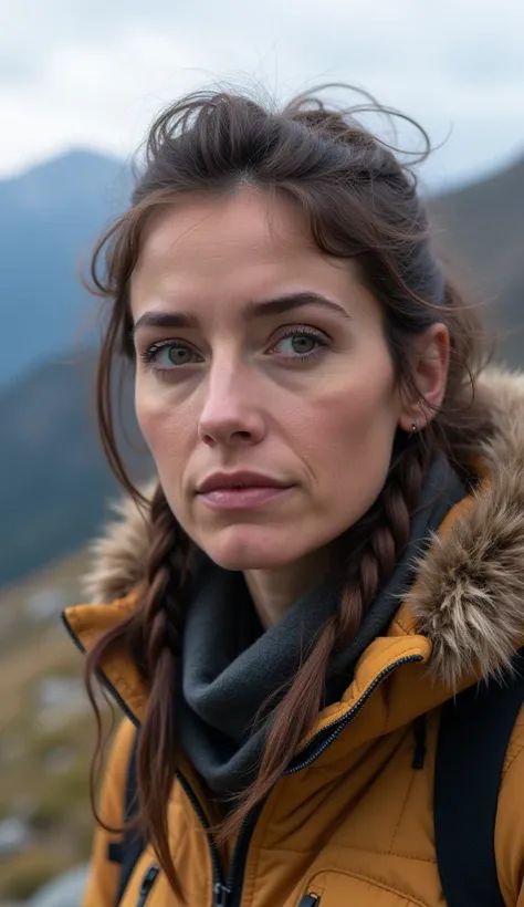 A 36-year-old woman with expressive features, wearing a warm jacket, in a scenic mountain setting.