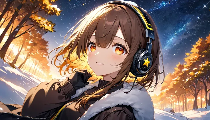 background： stars spreading in the clear night sky 々、 trees covered with snow in the distance 々。  
 expressions： looking up at the starry sky while smiling 。  
Costume：thick coat and gloves 。  
 pose： looking up at the starry sky while smiling {x} looking ...