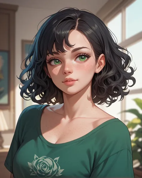  Creates an image of a woman with wavy black hair up to her chest.  A well-pronounced bust . that has bangs ,  slightly green eyes and freckles . 