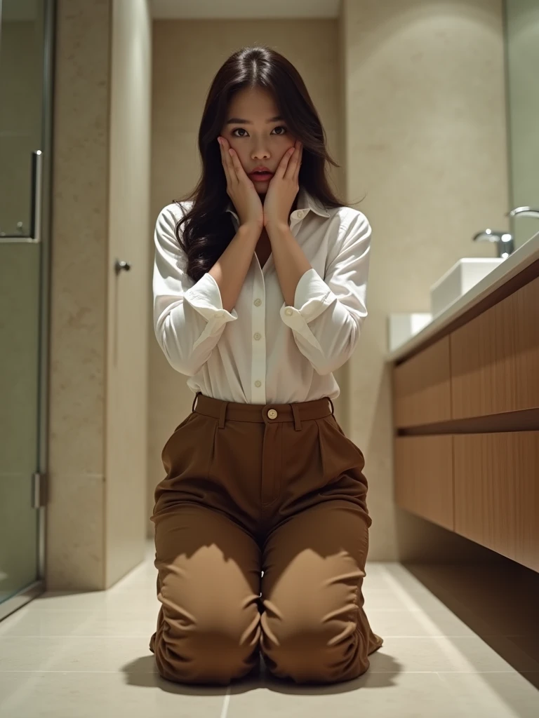 4k, masterpiece, realistic, high resolution, high quality, young and busty, big boobs Korean in male office shirt with long baggy brown trousers. Kneeling on the floor of large bathroom. Elongated legs, big breasts, beautiful, looking into the camera, horr...