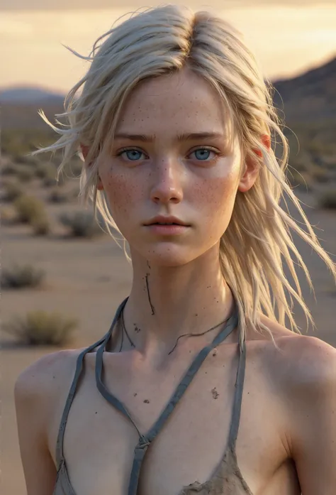 Masterpiece, half body shot, transitioning to a desert landscape at sunset, a lone figure walking, a beautiful  young American tween girl emerges wearing nothing , no clothes, very pale skin, light blond hair, blue-grey eyes, a few very light freckles, ski...