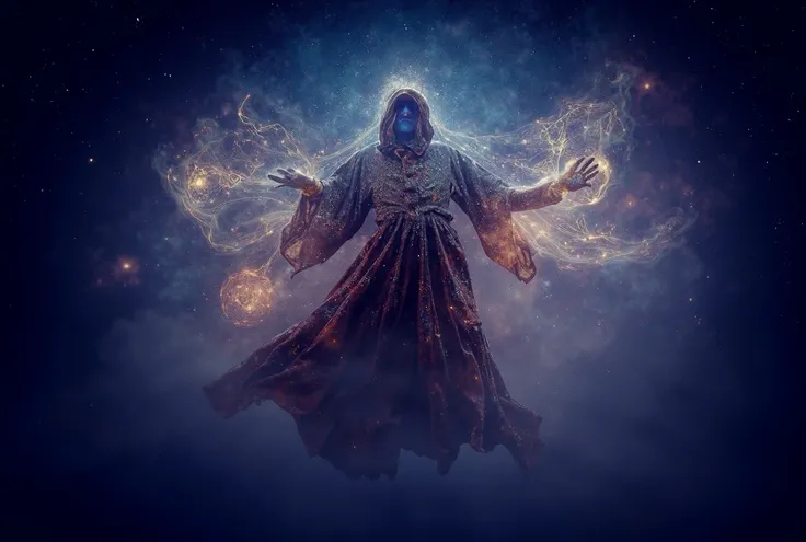 A celestial sorcerer floating in a cosmic void, surrounded by swirling galaxies, stars, and glowing nebulae. The sorcerer wears a robe made of starlight, with constellations shimmering across the fabric. Their hands control massive, glowing orbs of energy ...