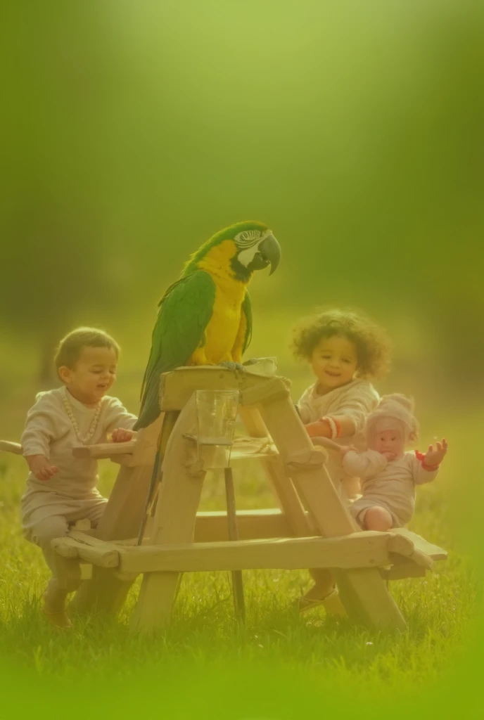 A big baby parrot is seated on a picnic table, and little babies in matching outfits dance energetically in the grass, clapping their hands and laughing at the playful antics of the parrot.  Full hd image 
