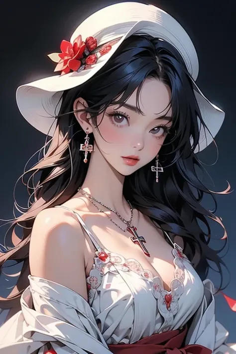 Akina Nakamori、 red and blue lace dress   、Age 25、  Beauty 、  sexy、   white cross necklace on chest、gothic、 miniature little hat 、Sharp and  cute、  Beauty 、((  super detailed  )).((  cute)).