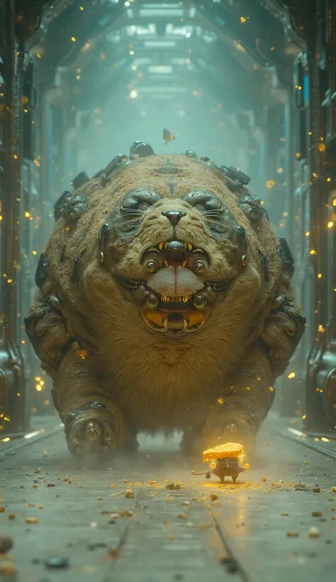 create futuristic and hyper realistic A fat cat jumps after a small mouse holding a piece of cheese. However, instead of fear ,  the mouse laughs while running zigzag ,  as if enjoying the chase .  The two stop when the landlord enters ,  and they look at ...