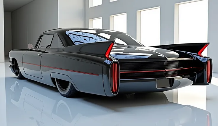 create an ultra-detailed 3D render of a modern, full close-up back side view of 1962 Cadillac DeVille Coupe with a bold design. The car should feature a shiny black color with a cadillac logo on it, and sleek led lights . The body should be wide and expand...