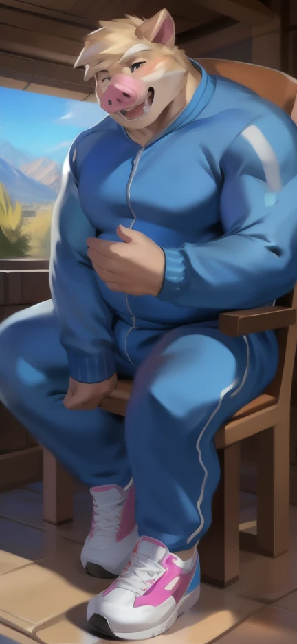 Solo, male Tall​ ,huge​ body​,​ Chair Ride ,den,big pig​ crocodile​ ,blue Tracksuit soldier , Wear combat shoes, overweight, muscular, Sexual​ Emotions​ happy​, by chunie