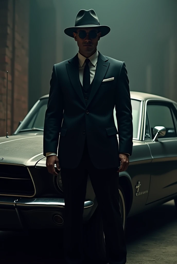 a man wearing a black suit and hat, standing next to a Mustang car, wearing sunglasses, dramatic lighting inspired by the styles of Wong Kar-wai and The Revenant movies, highly detailed, photorealistic, cinematic