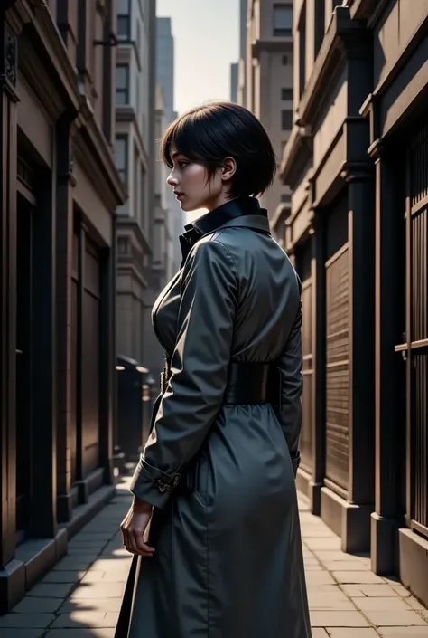 A woman wearing a trench coat and scarf disappears into an alley between skyscrapers、 dramatic lighting 、 Gloomy Atmosphere 、 One side is slightly taller 、Cinematic、masterpiece、8k、 High Quality 、 super detailed 、 super detailed 、Extremely detailed、 sharp f...