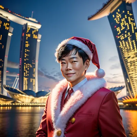 LAWRENCE WONG SINGAPORE PRIME MINISTER IN A SANTA CLAUS OUTFIT. MARINA BAY SANDS IN THE BACKGROUND. SUBJECT STANDING ON HELIX BRIDGE. 8K RESOLUTION. REALISTIC. SUBJECT LOOKING HAPPY. 