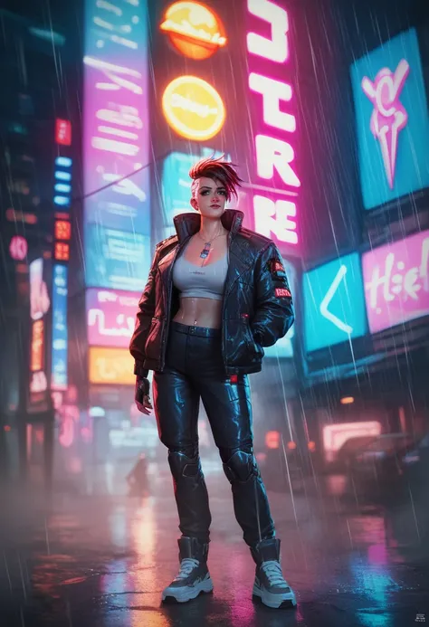 A futuristic cyberpunk city with neon lights, tall skyscrapers, and dark, rainy streets.  neon signs reflecting off the wet pavement. The atmosphere is moody and dystopian, with holograms and high-tech billboards in the background. The scene is vibrant wit...