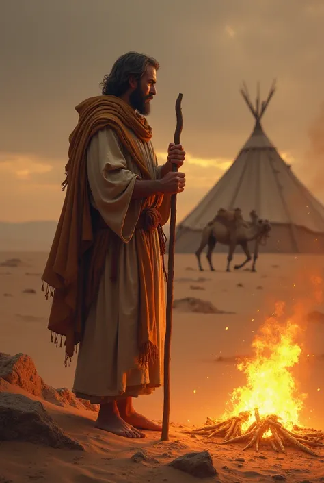  Abraham is standing in the desert with an ancient rod in his hand, in front of him is a fire ,  behind a nomad tent and a camel .