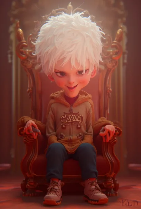  create 3D cute animated teenage boy , white hair,  Sit on the royal seat ,  using Hodie ,  add text  "EZZY " on Hodie ,   and add 4 people standing behind,  and add the bedera with the inscription KLD 