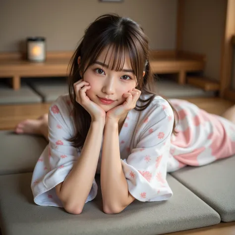 A very cute face Like an idol、Like々A 20-year-old woman with a cute face、 gentle and cute 、 gentle smile、(((Japanese Yukata)))、、((( sleeping on a futon in a Japanese-style room at a ryokan )))、(( clevis on a stone、 お前の thighs visible))、((  Full Body Portrai...