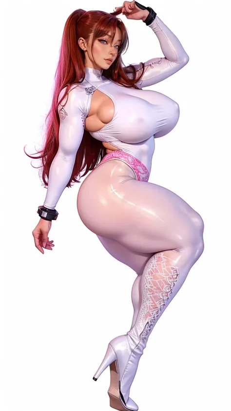 Redhead, big hanging boobs, body covered in white spandex , sculptural body , long hair,legging withe, pnts lace, leggins, pants,white tight yoga pants, view side, tanga pink, bra lace pink,bodysuit,high heels boot, body suit lace
