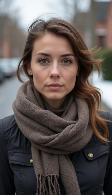 A 37-year-old woman with striking eyes, wearing a scarf, walking along a quiet suburban street.