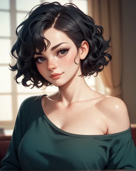  Creates an image of a woman with wavy black hair up to her chest. A very gigantic and pronounced bust. that has bangs , black eyes and freckles. 