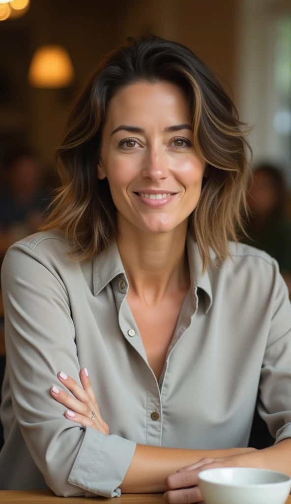 A 35-year-old woman with relaxed features, wearing a simple blouse, sitting at a dining table.