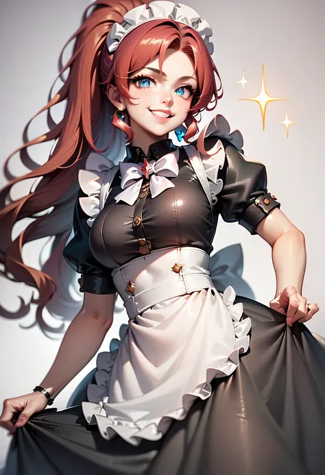 For an AI-generated image of Aisha Greyrat, imagine her standing confidently in a maid-inspired outfit. She has striking red hair styled in a ponytail, with parted bangs framing her face. A white maid apron with a white bowtie completes her look, while her...