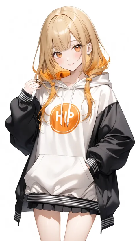   ONE CUTE -OLD GIRL ,Young Face、 slim figure、Thin legs、7.5 heads、((Beautiful golden hair color ))、( Beautiful, very thin orange inner color hair )、((The type with the tips of the hair is neatly aligned ))、((The large HIPHOP hoodie with a lot of exposure a...