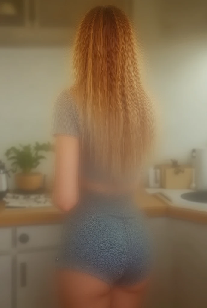 18 yo blonde woman photographed from behind relaxed in the kitchen without realizing it, she have a hot hourglass body with huge tots and bubble butt, (she is not looking to the camera), brown eyes, (blonde long hair), realistic and detailed face, beautifu...