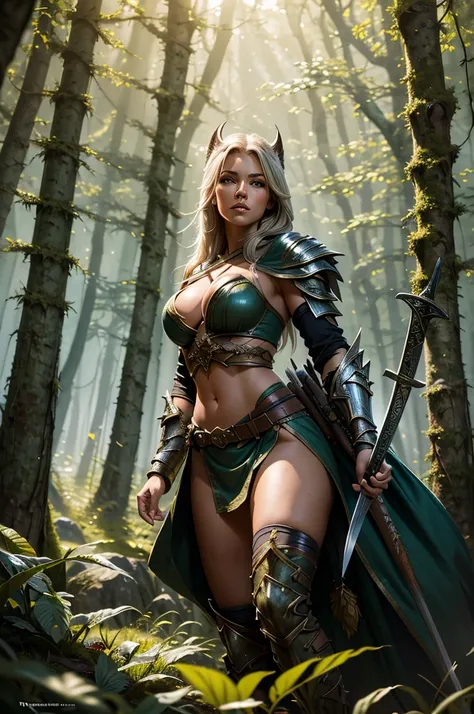 a woman with a sword and a hoodie in a forest, tyler edlin fantasy art, forest hunter lady, fantasy woman, beautiful female warrior, realistic fantasy artwork, 4k fantasy art, fantasy warrior, muscular female druid, female forest archer, female warrior, hy...